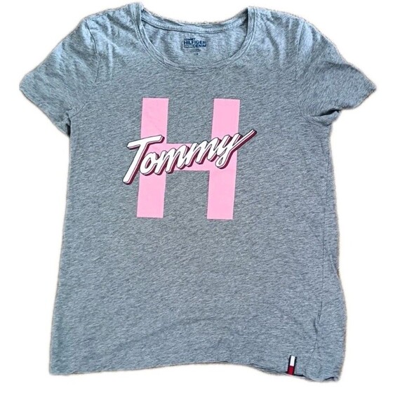 Tommy Hilfiger Denim T-Shirt Puff Print Tommy Script Logo Size Small Gray Pink - Picture 1 of 6